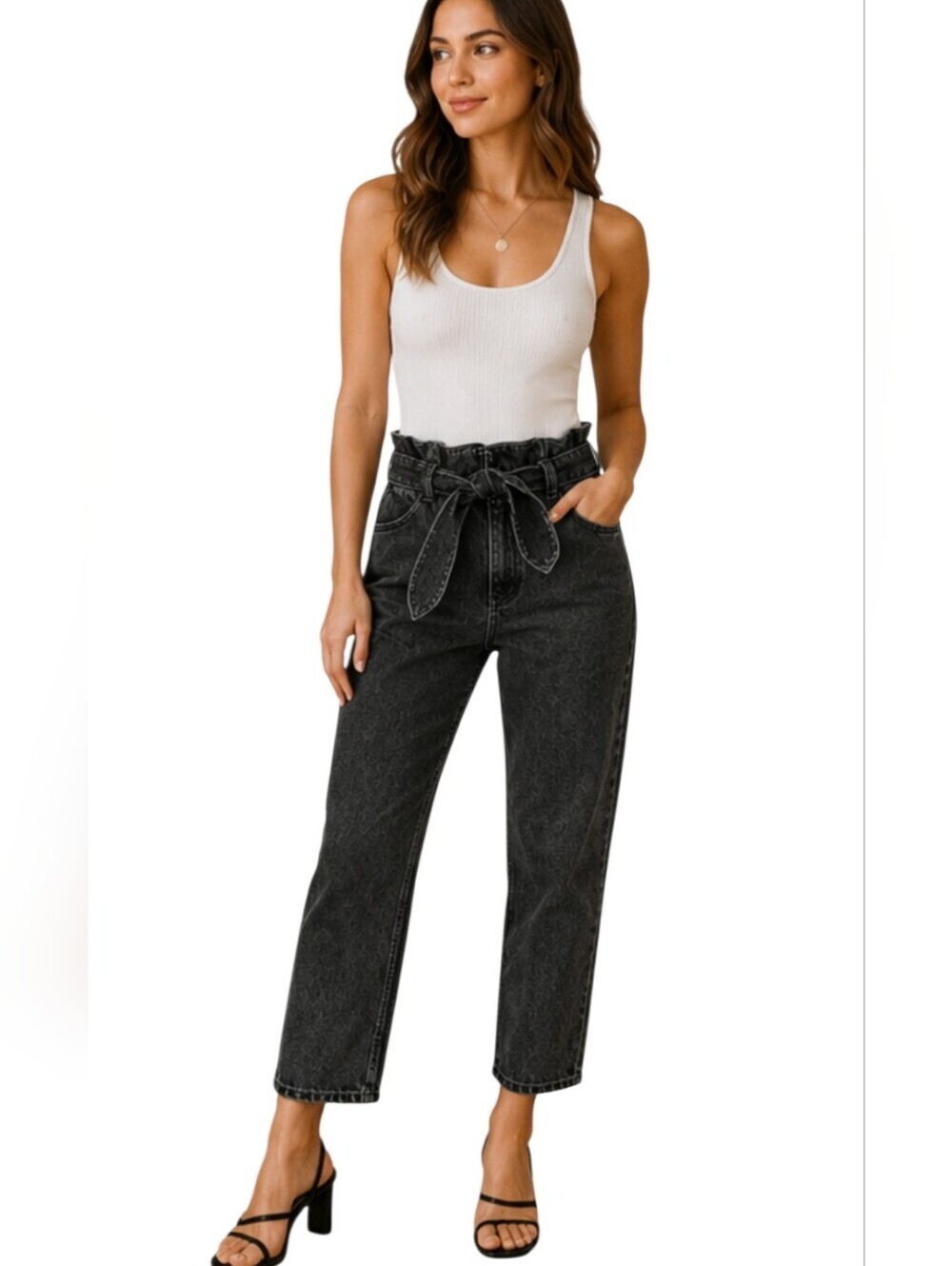 & Other Stories Washed Black Paperbag Waist Denim Trousers Jeans Size 8